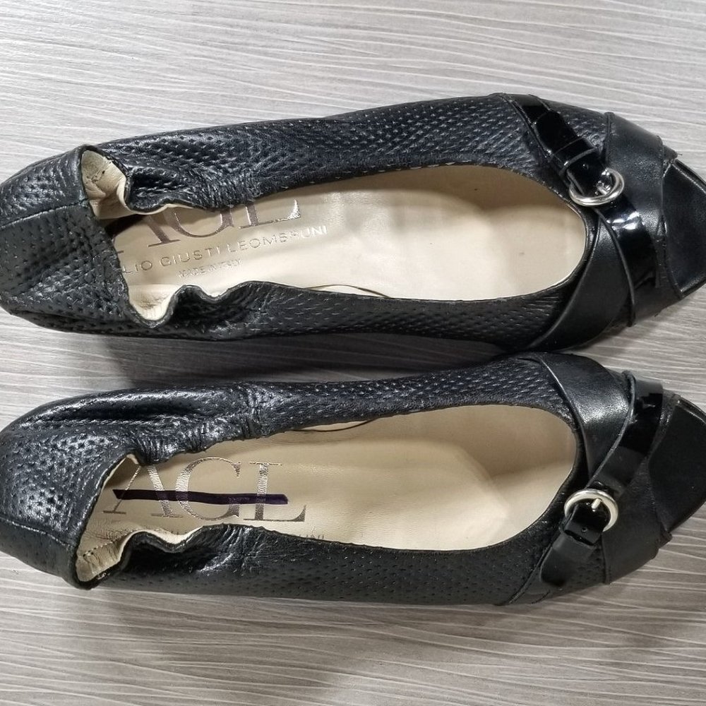 AGL Peep Toe Wedge Pump, Black Perforated Leather, Womens Size 7.5 US / 37.5 - Picture 9 of 12